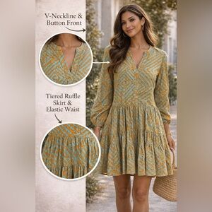 D’lyanu African Print Long Sleeve Babydoll Boho Mini Dress Orange Blue White Med